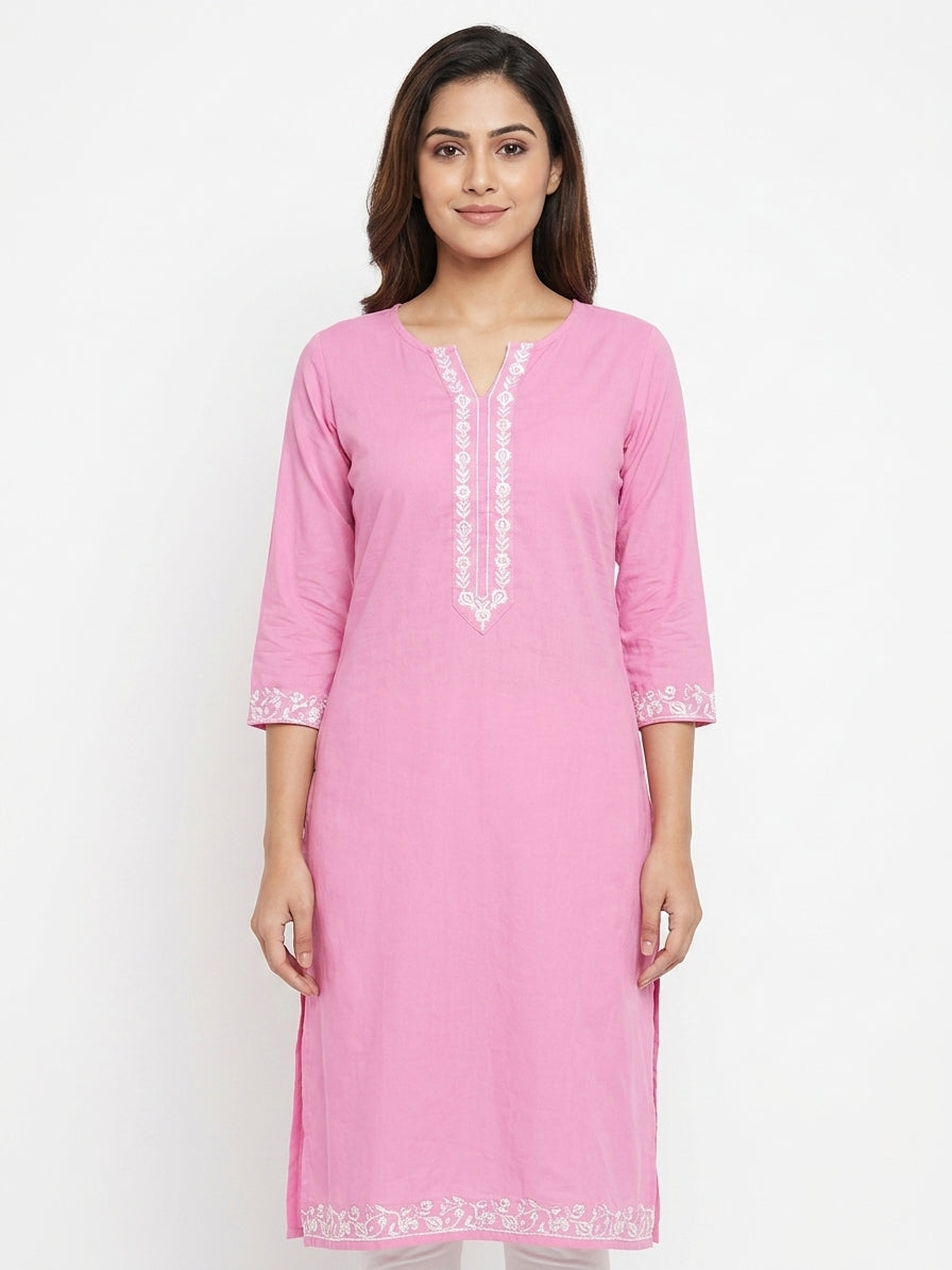 Women's Pink Embroidered Straight Kurti