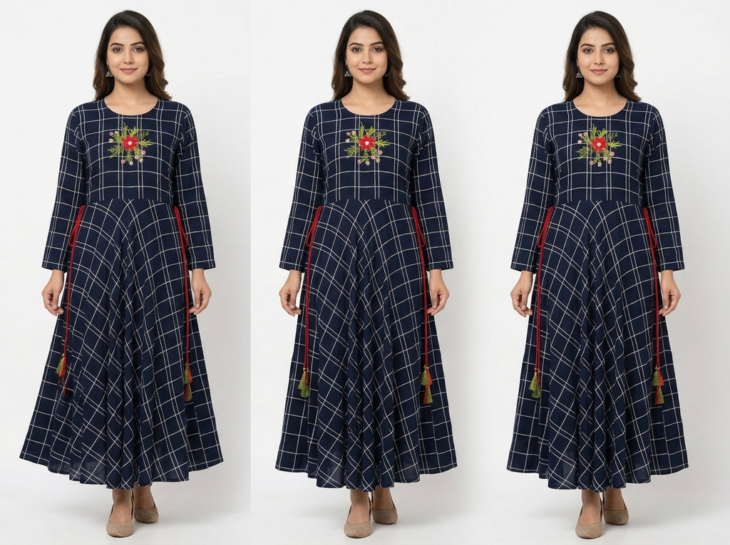 Women's Navy Blue Checked Flared Kurti with Embroidered Yoke