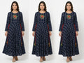 Women's Navy Blue Checked Flared Kurti with Embroidered Yoke