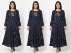 Women's Navy Blue Checked Flared Kurti with Embroidered Yoke