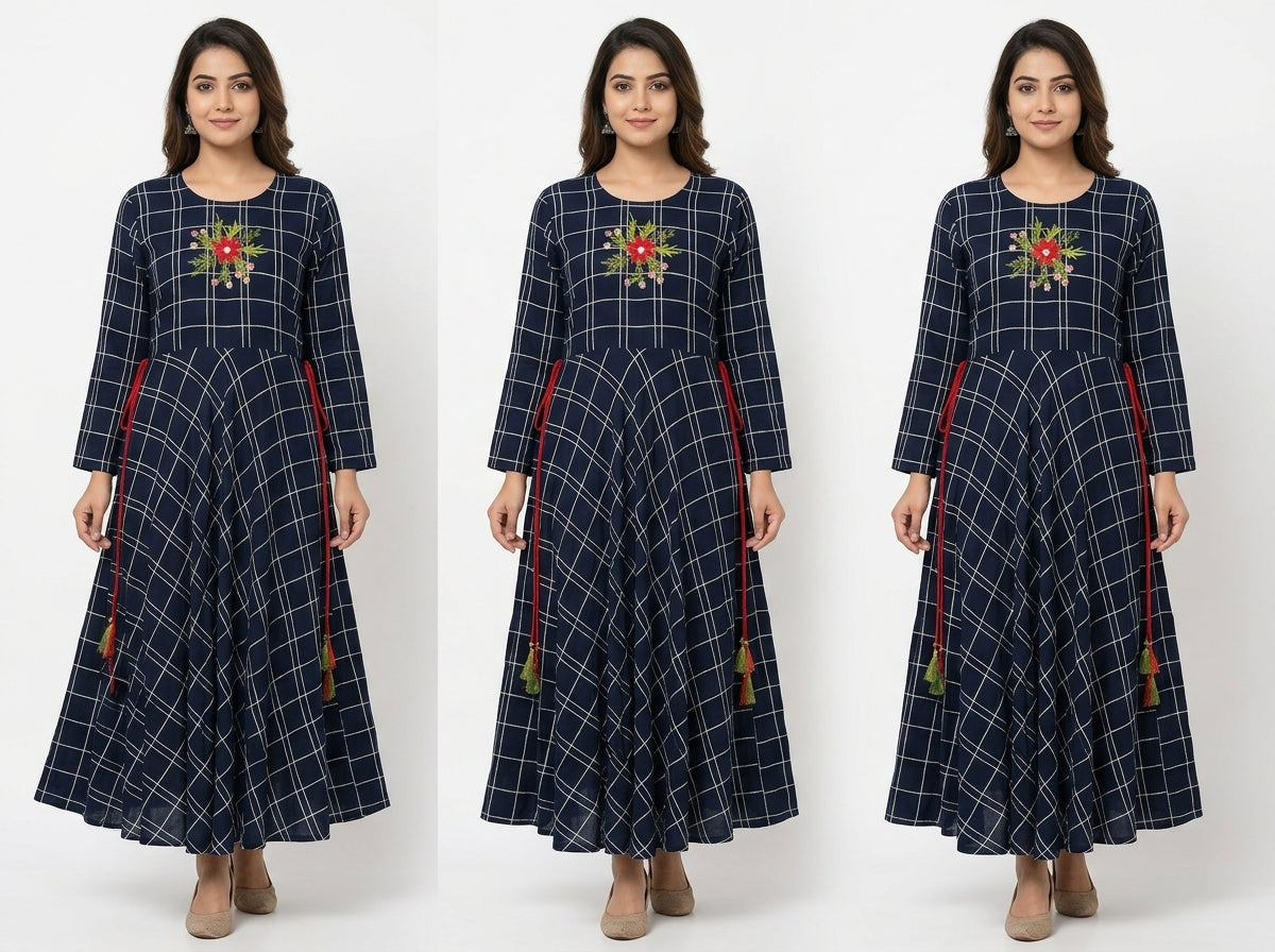 Women's Navy Blue Checked Flared Kurti with Embroidered Yoke