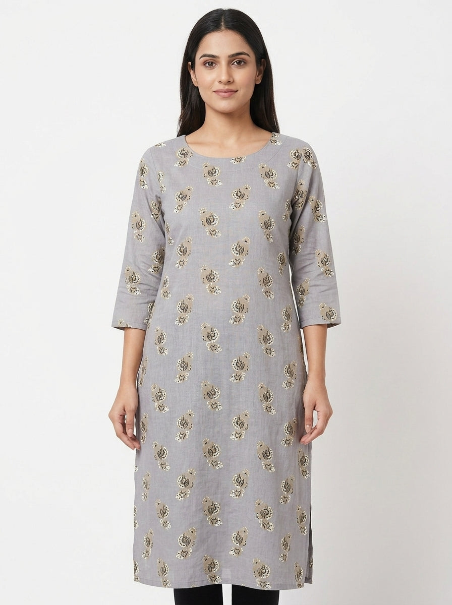 Women's Grey Printed Round Neck 3/4 Sleeve Kurti