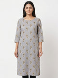 Women's Grey Printed Round Neck 3/4 Sleeve Kurti