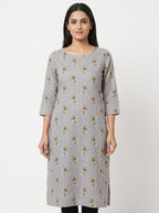 Women's Grey Printed Round Neck 3/4 Sleeve Kurti