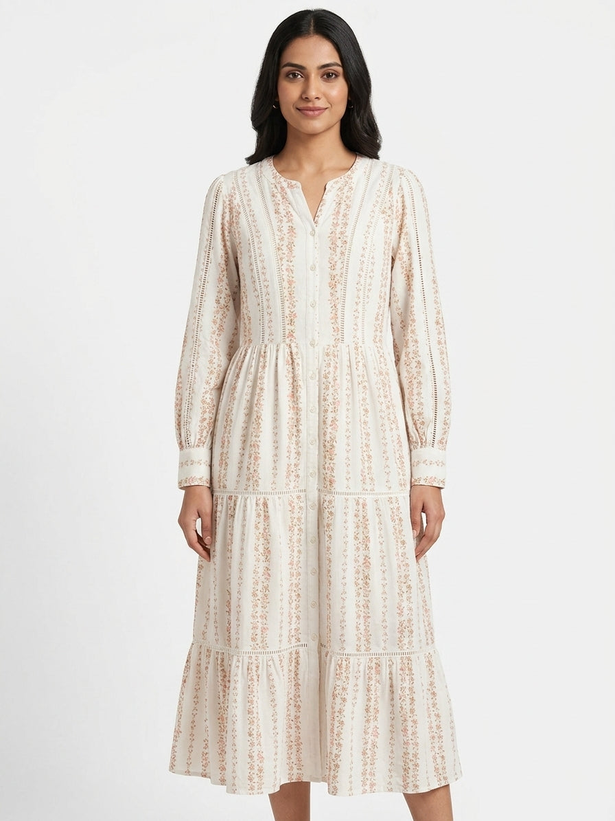 Off White Floral Print Tiered A-line Dress