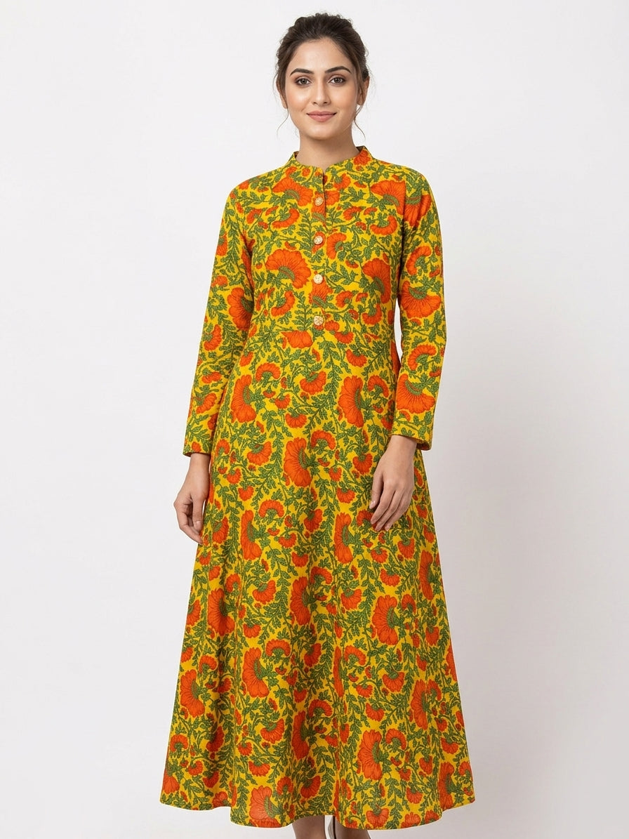 Women's Yellow Floral Printed Flared Dress