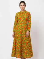 Women's Yellow Floral Printed Flared Dress