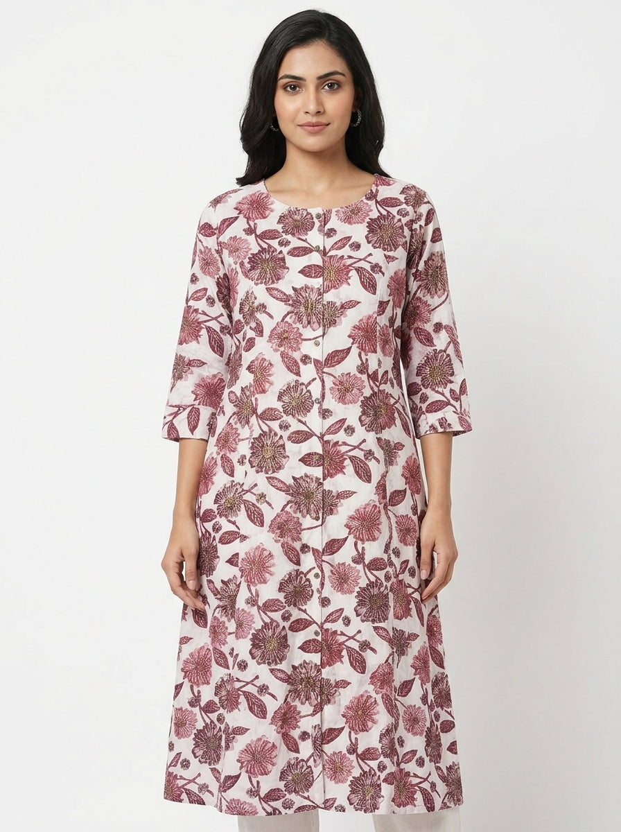Off White & Maroon Floral Print Cotton Kurti