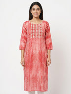 Red and White Striped Embellished Straight Kurti