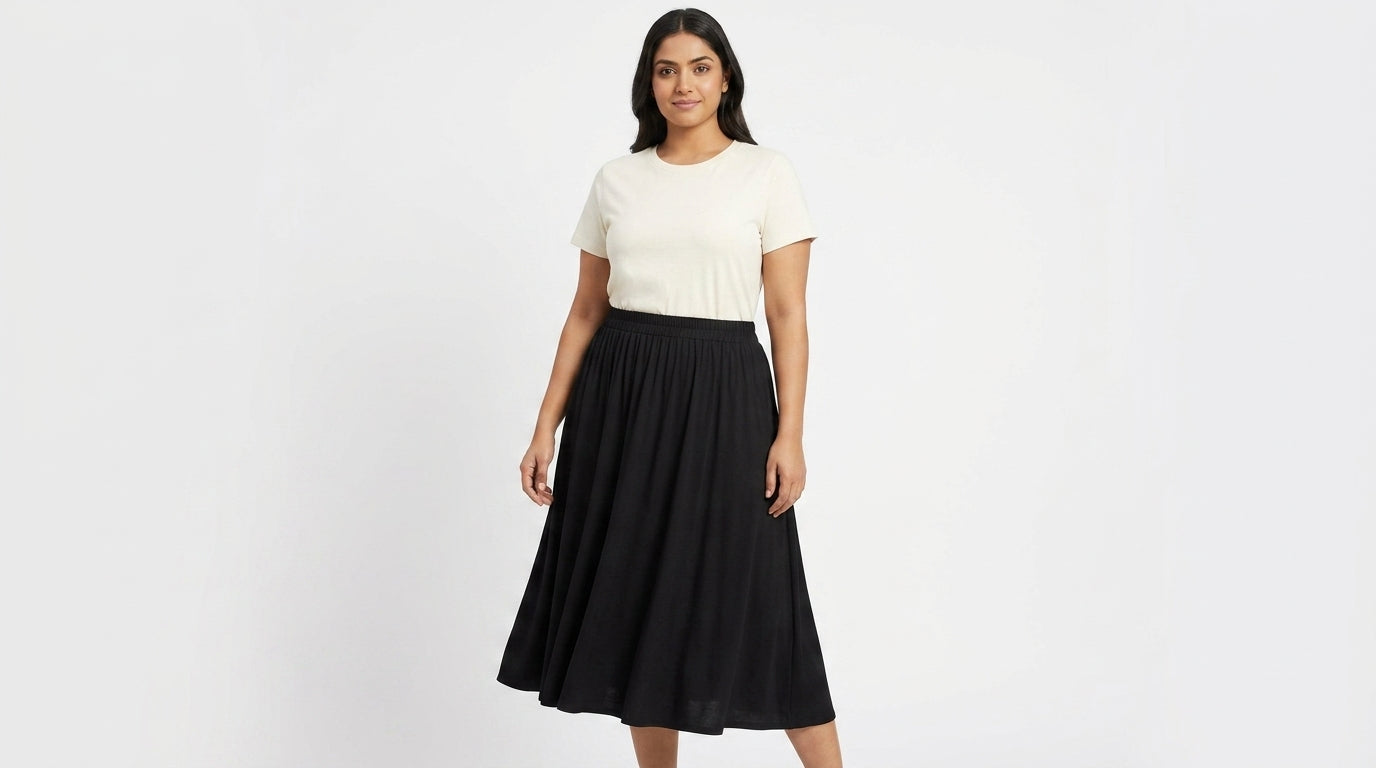 Women's Black Solid Flared Viscose Skirt