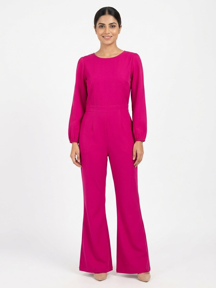 Magenta Solid Full Sleeve Jumpsuit