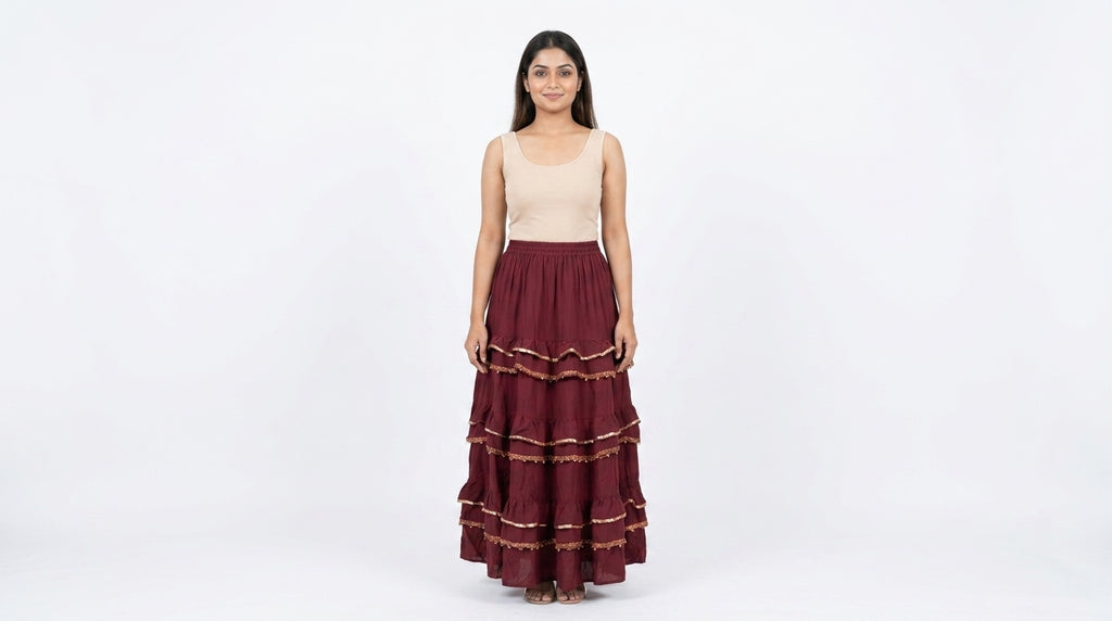 Maroon Embellished Flared Tiered Skirt
