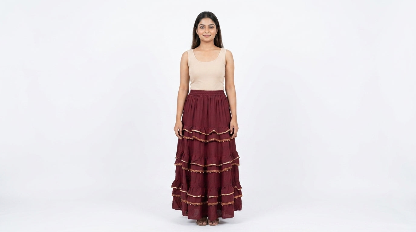 Maroon Embellished Flared Tiered Skirt