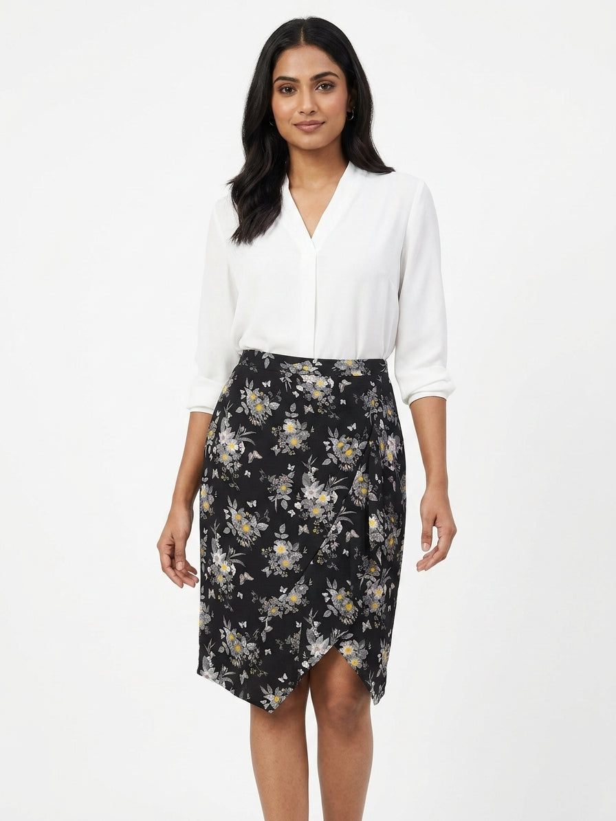Black Floral Printed Casual Skirt