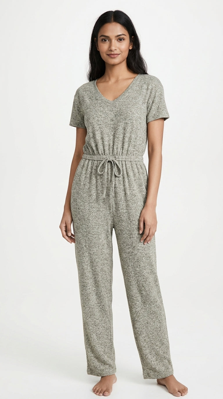 Women's Grey Textured Knit Short Sleeve Jumpsuit