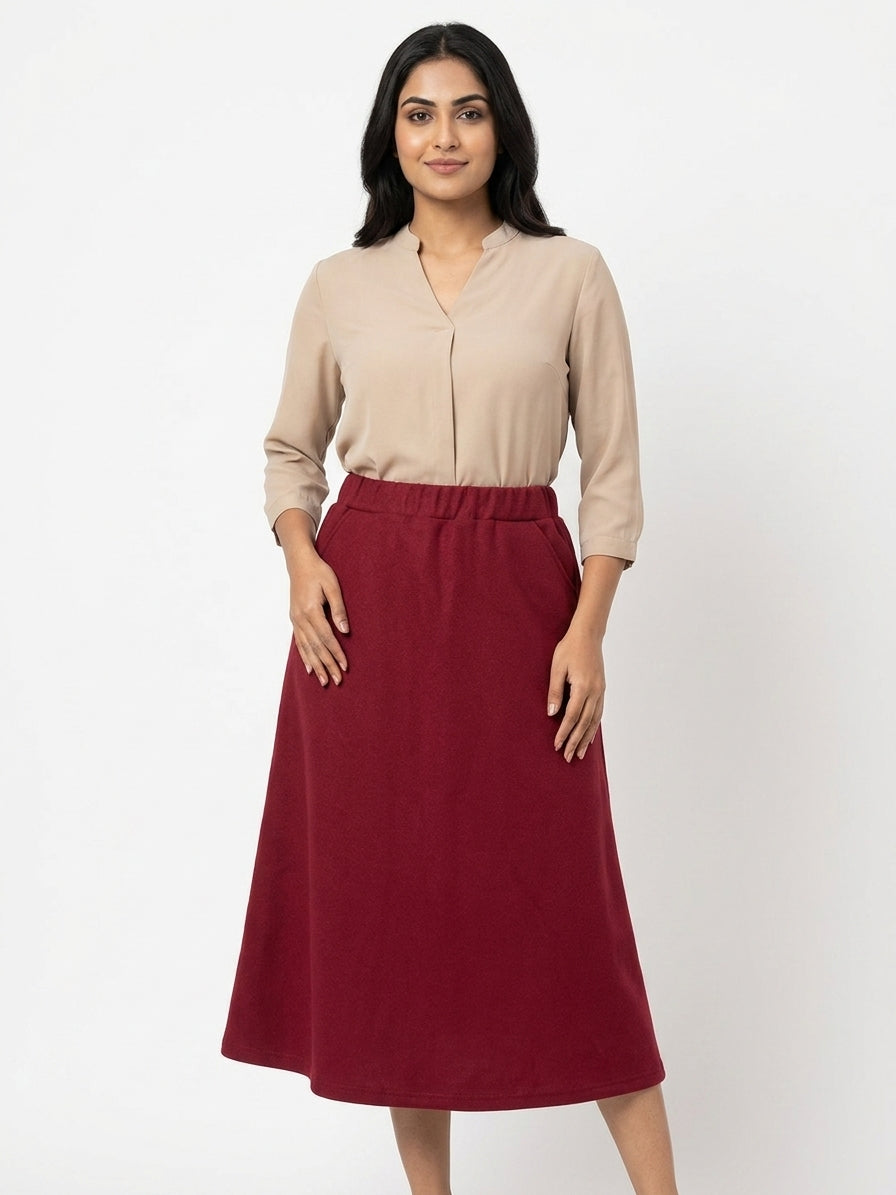 Wine Solid A-line Skirt