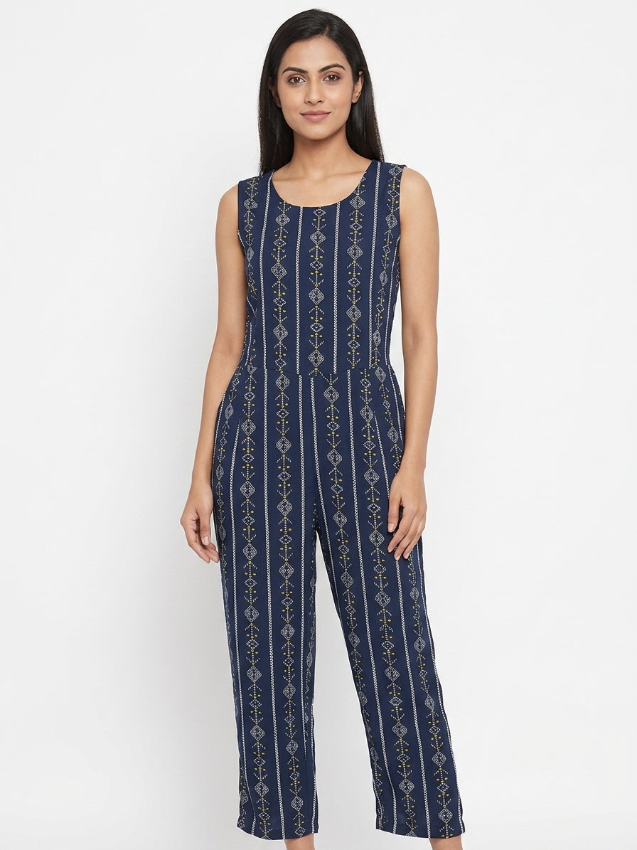 Navy Blue Ethnic Print Sleeveless Jumpsuit