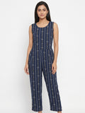 Navy Blue Ethnic Print Sleeveless Jumpsuit