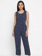 Navy Blue Ethnic Print Sleeveless Jumpsuit