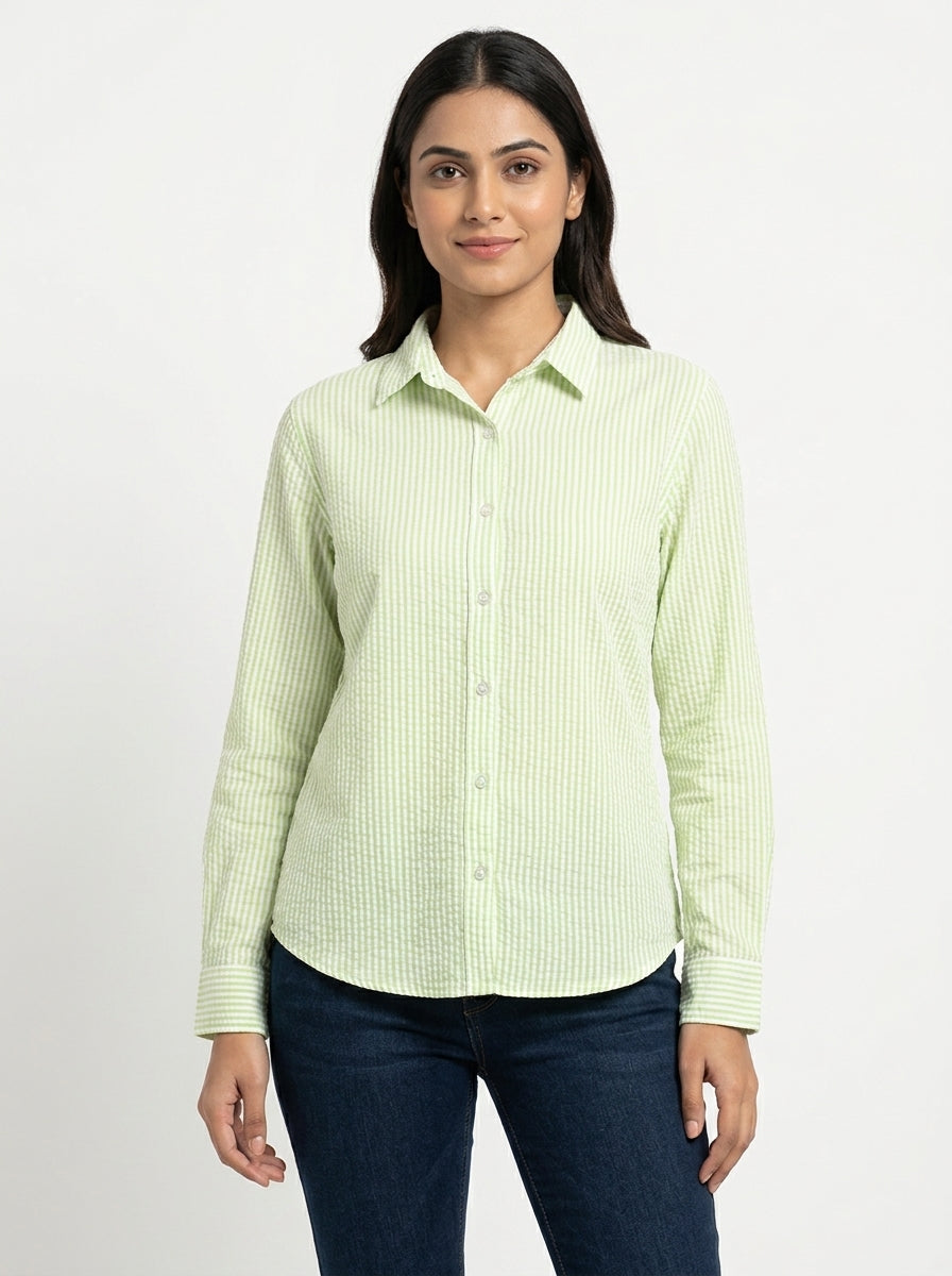 Light Green & White Striped Regular Fit Casual Shirt