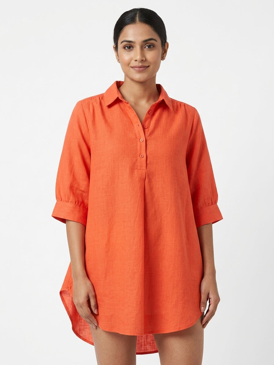 Orange Solid Relaxed Fit Linen Tunic Top