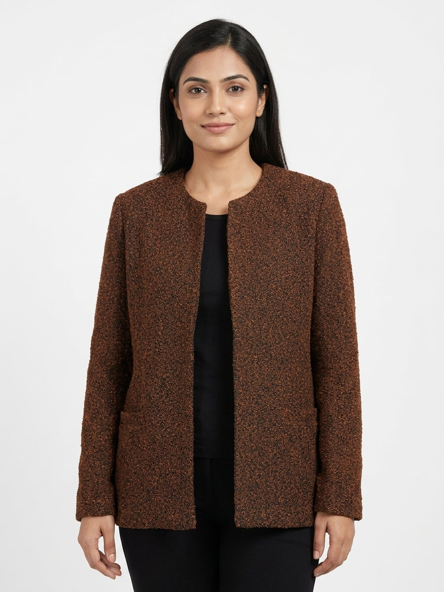 Brown Textured Open Front Jacket