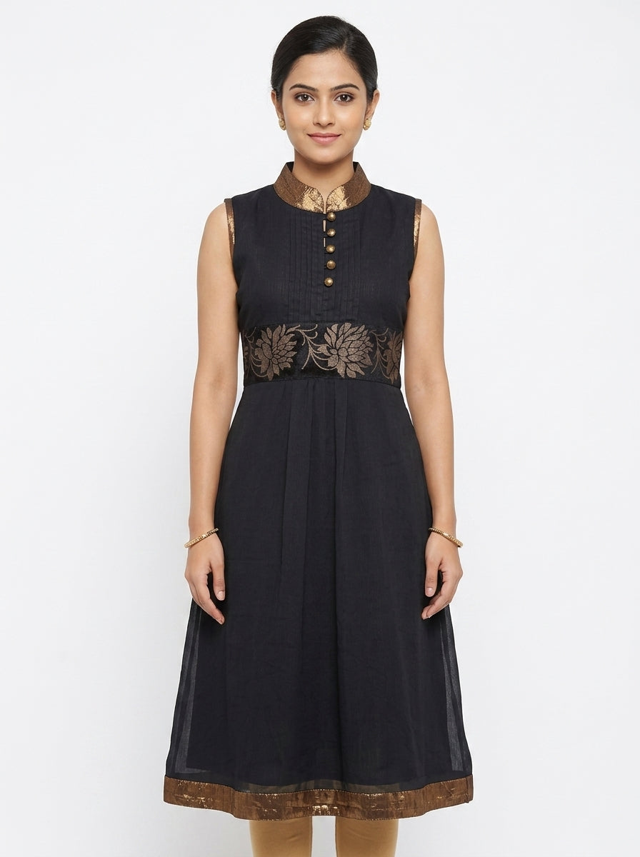 Black Ethnic Print A-line Sleeveless Kurti