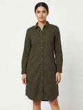 Dark Green Casual Button-Down Shirt Dress