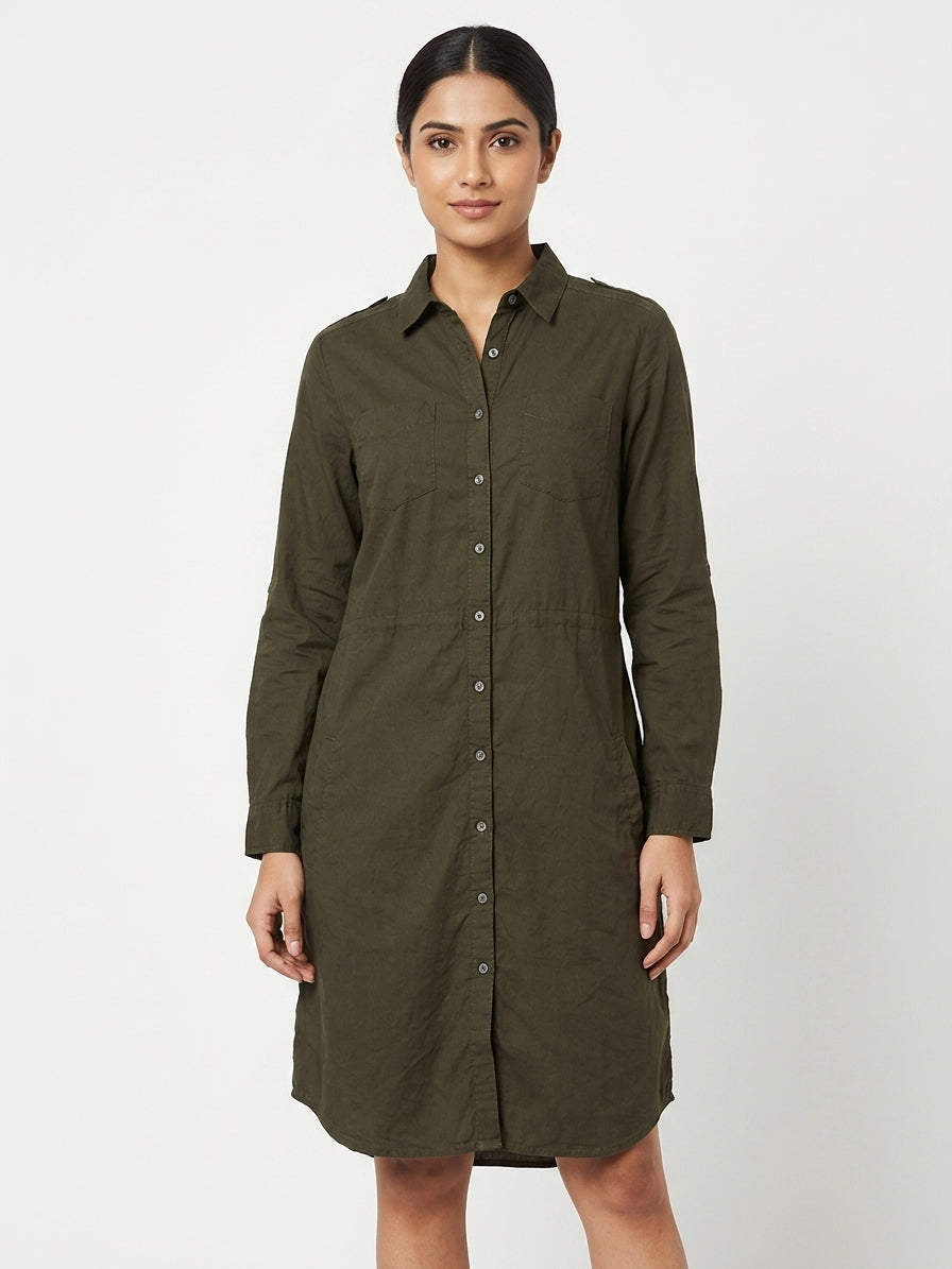 Dark Green Casual Button-Down Shirt Dress