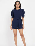 Women's Navy Solid Puff Sleeve Romper with Tie-Up Waist