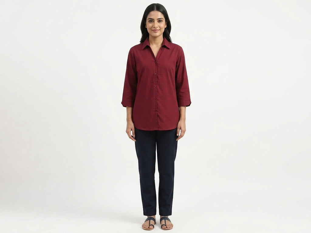 Women's Solid Red Collared Casual Shirt