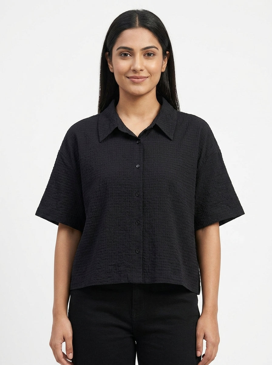 Black Textured Relaxed Fit Casual Shirt