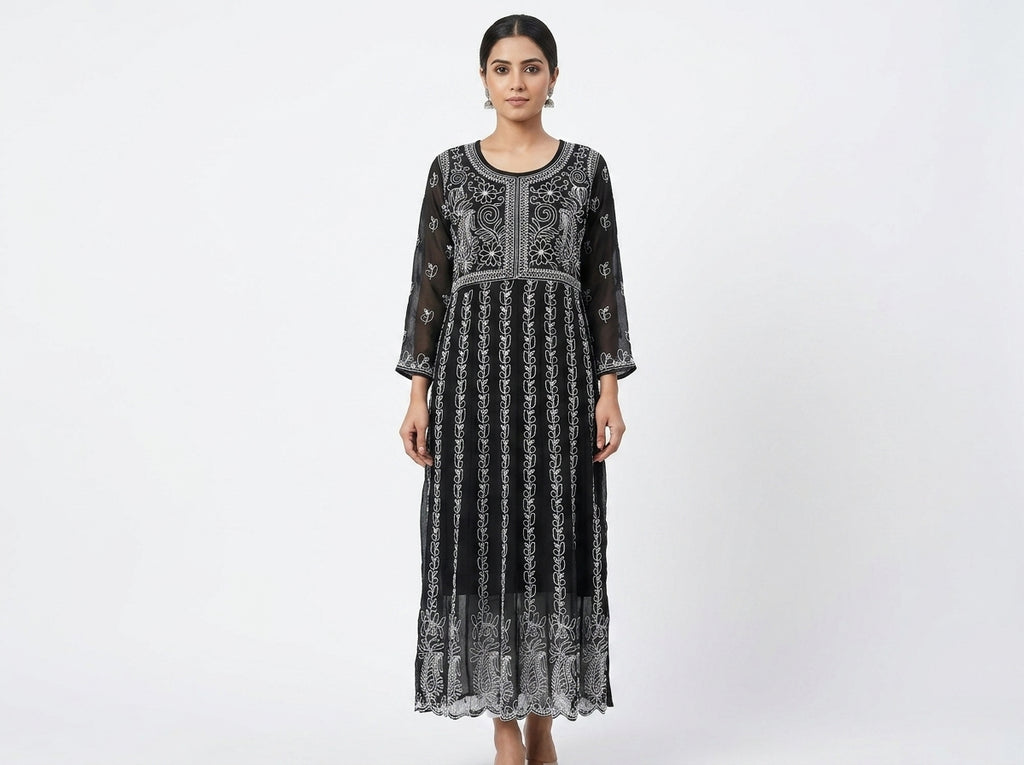 Black Embroidered Straight Kurti