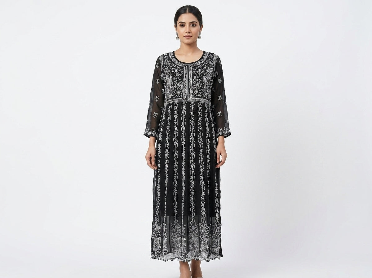 Black Embroidered Straight Kurti