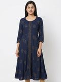 Women's Navy Blue Ethnic Print Flared Kurti