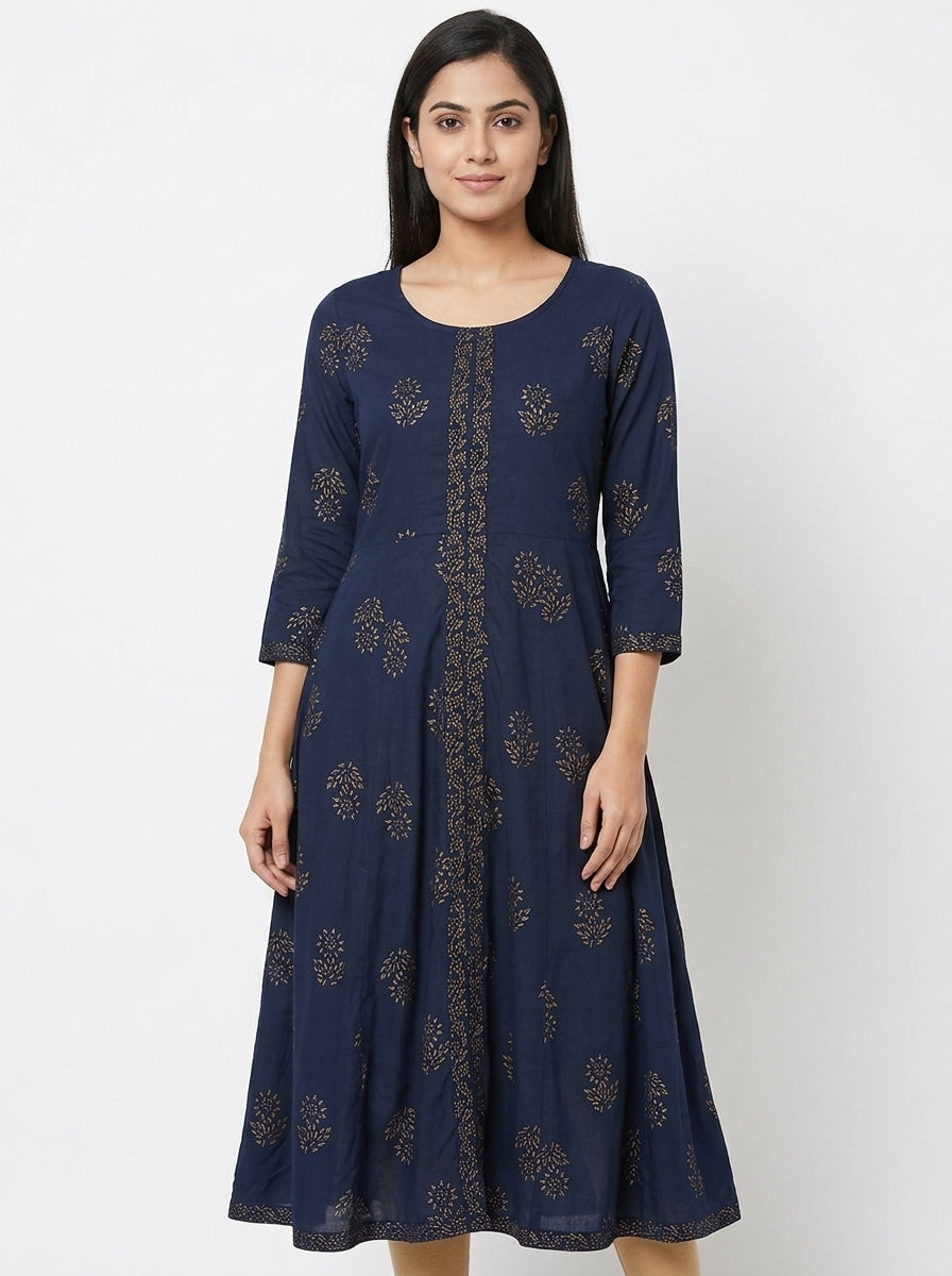 Women's Navy Blue Ethnic Print Flared Kurti