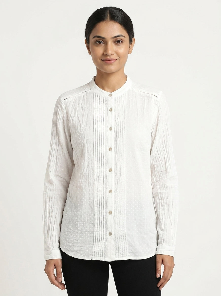 White Self-Design Regular Fit Casual Shirt