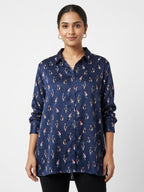 Women's Navy Blue Animal Print Casual Shirt