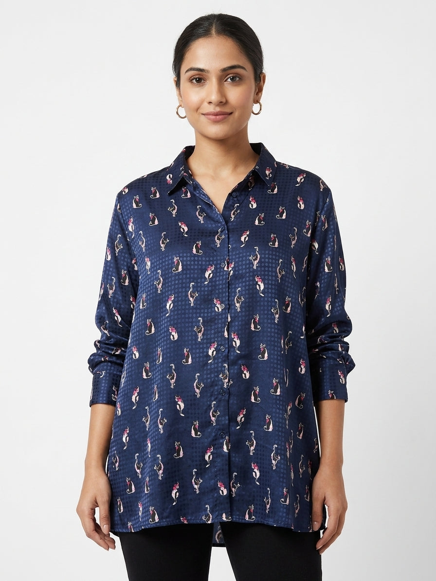 Women's Navy Blue Animal Print Casual Shirt
