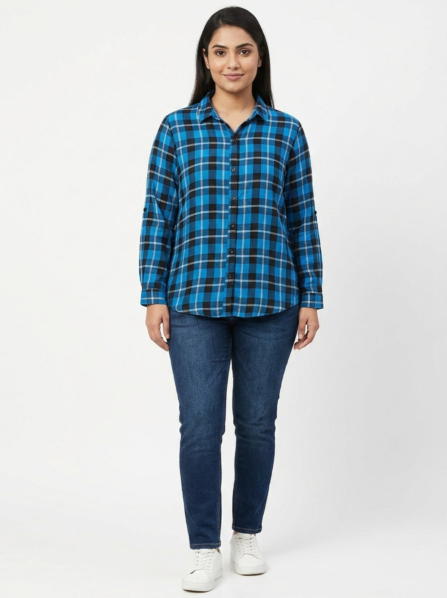 Blue & Black Checkered Regular Fit Casual Shirt