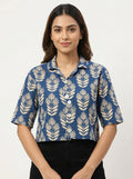 Blue Botanical Print Cropped Casual Shirt
