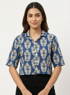 Blue Botanical Print Cropped Casual Shirt