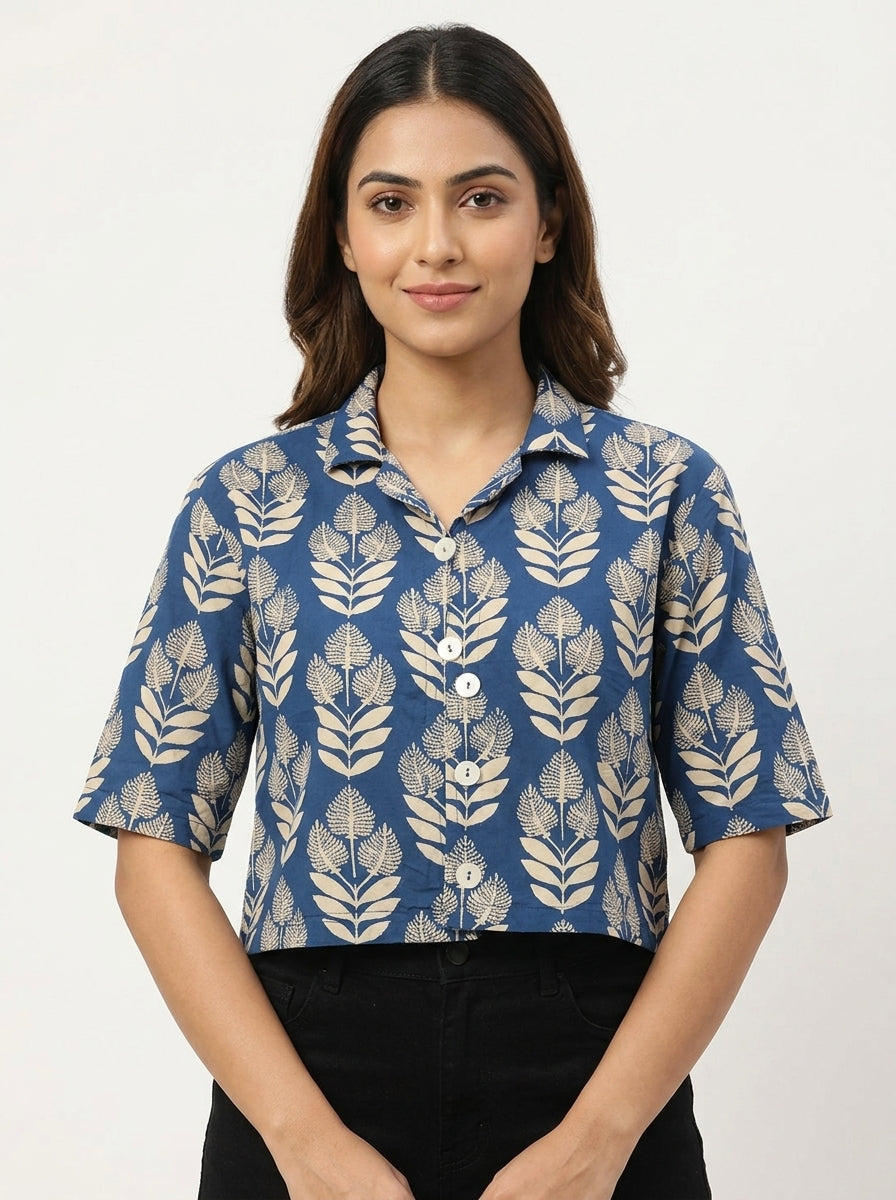 Blue Botanical Print Cropped Casual Shirt