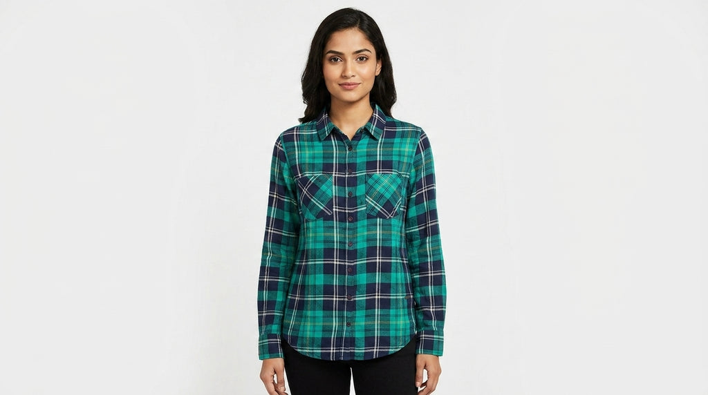 Green and Navy Plaid Casual Button-Up Shirt