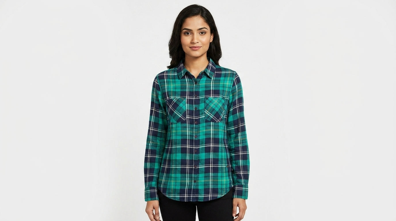 Green and Navy Plaid Casual Button-Up Shirt