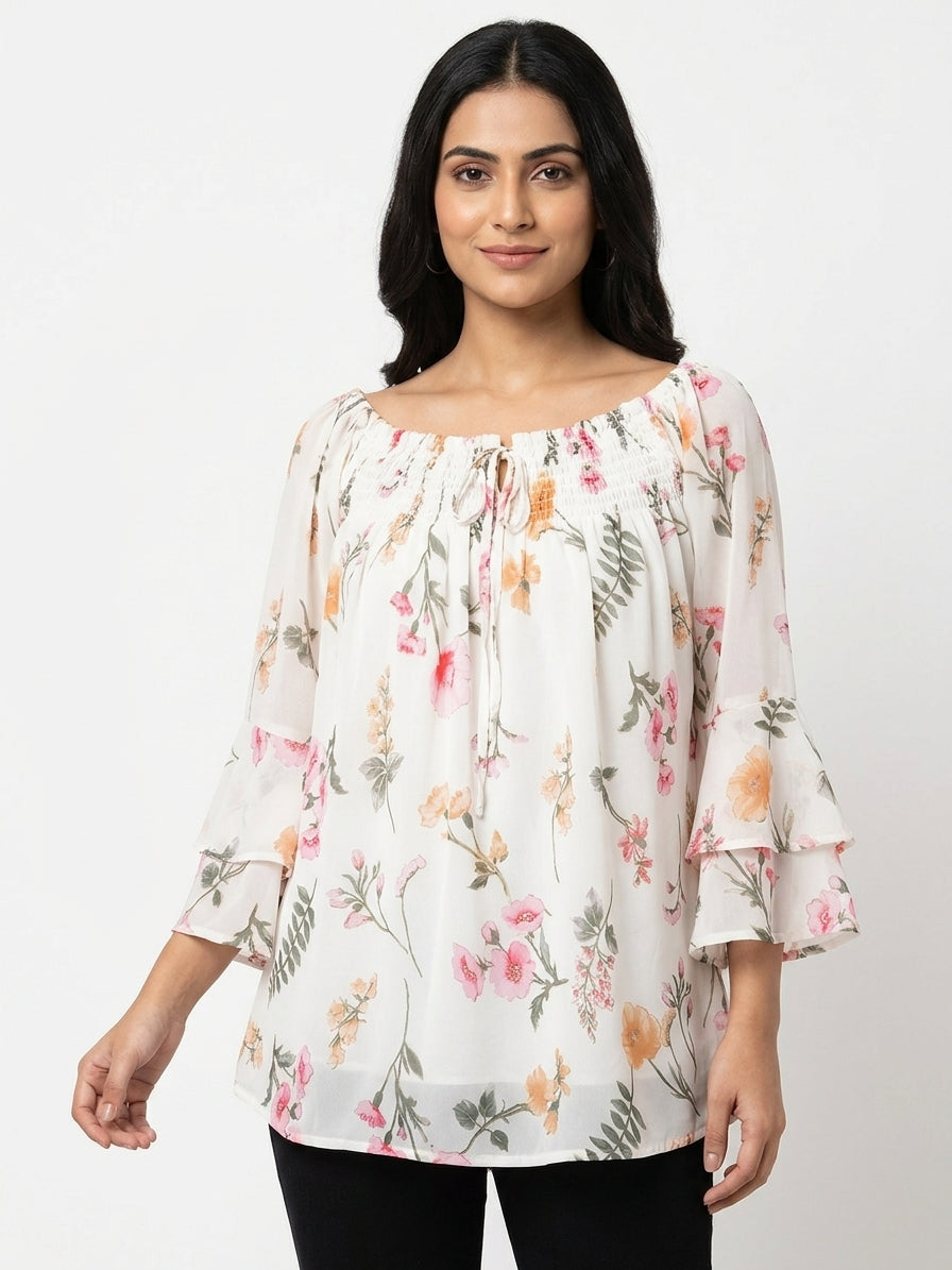 Women's Off White Floral Printed Smocked Top
