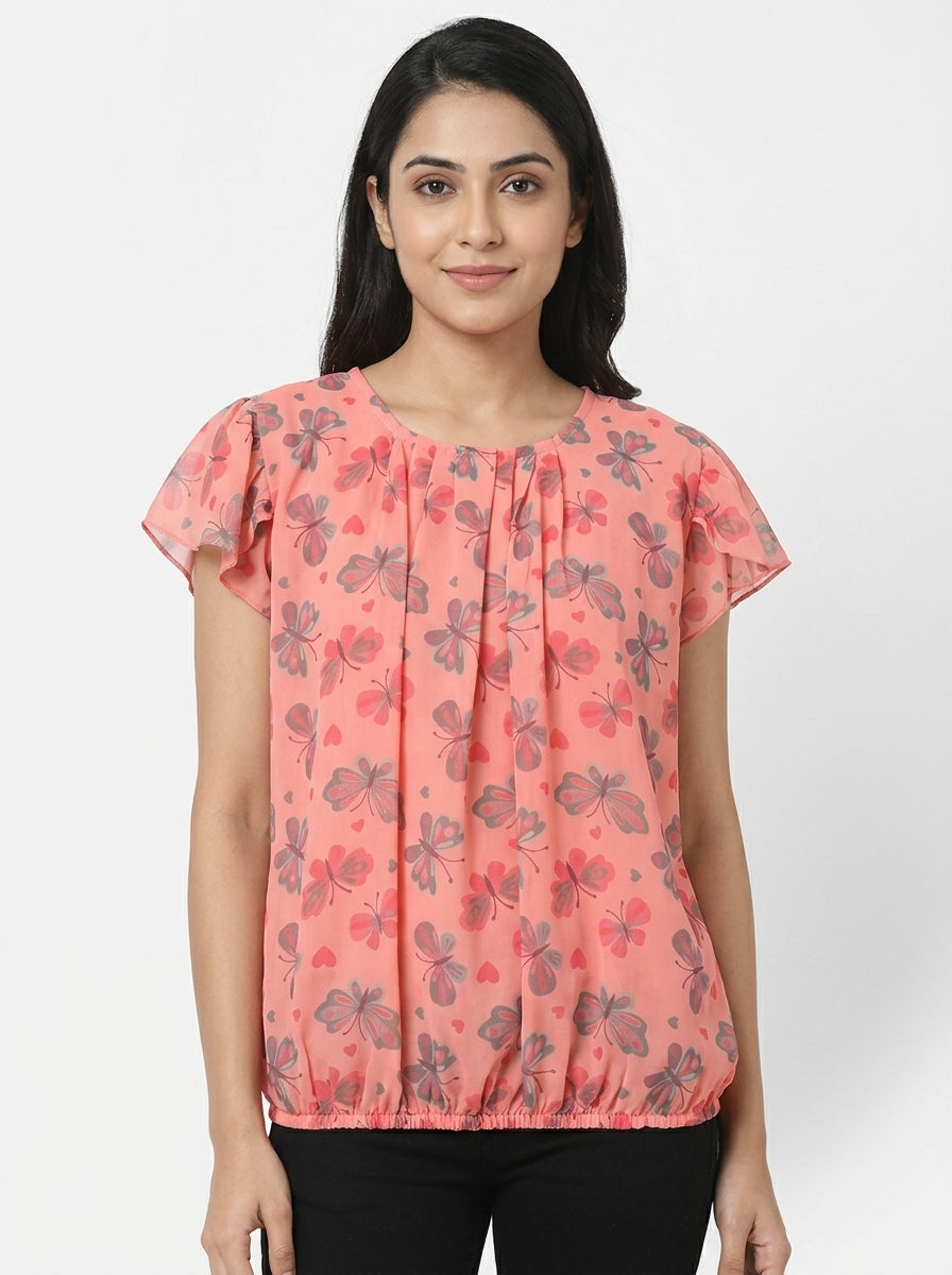 Women's Peach Printed Butterfly Relaxed Fit Top