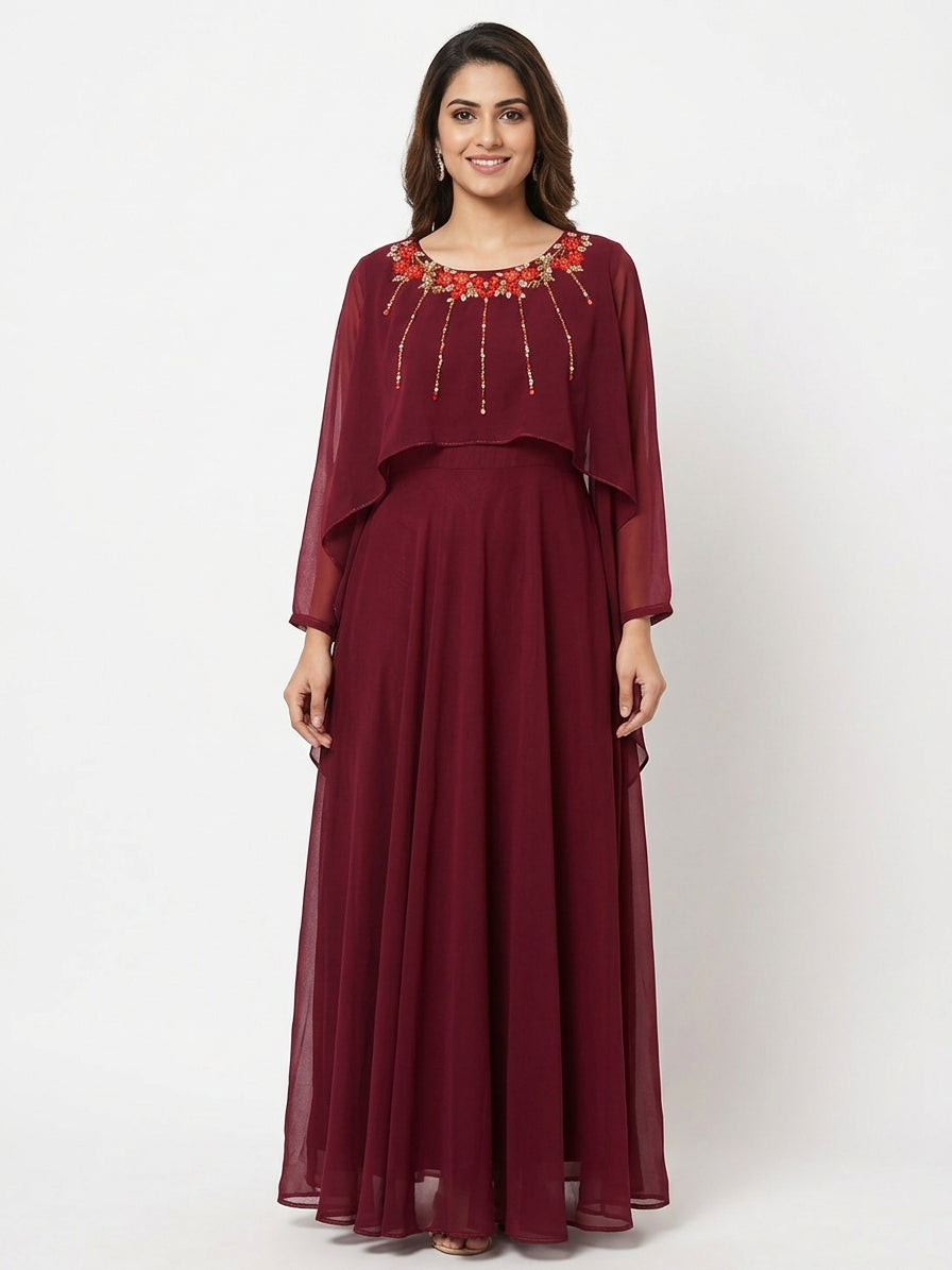 Women's Wine Embellished Maxi Dress