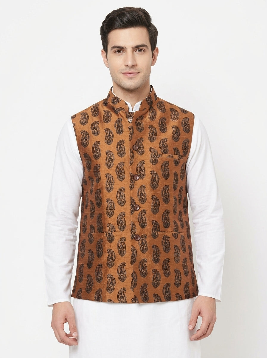 Men's Camel Paisley Printed Nehru Jacket