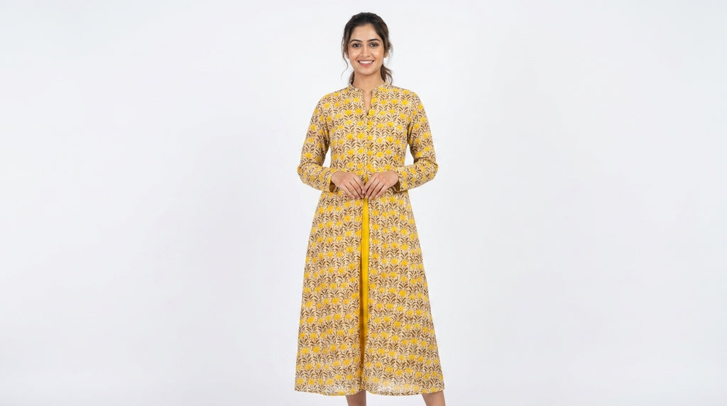 Women's Yellow Floral Printed Cotton Kurti